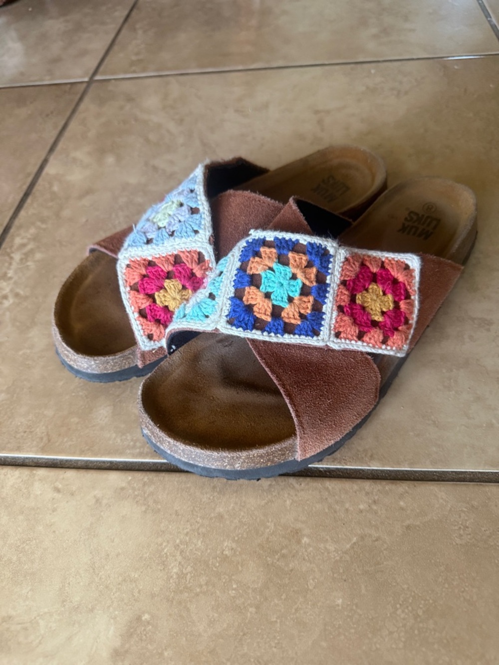 MukLuks Suede Slide Sandals with Colorful Crochet Accents